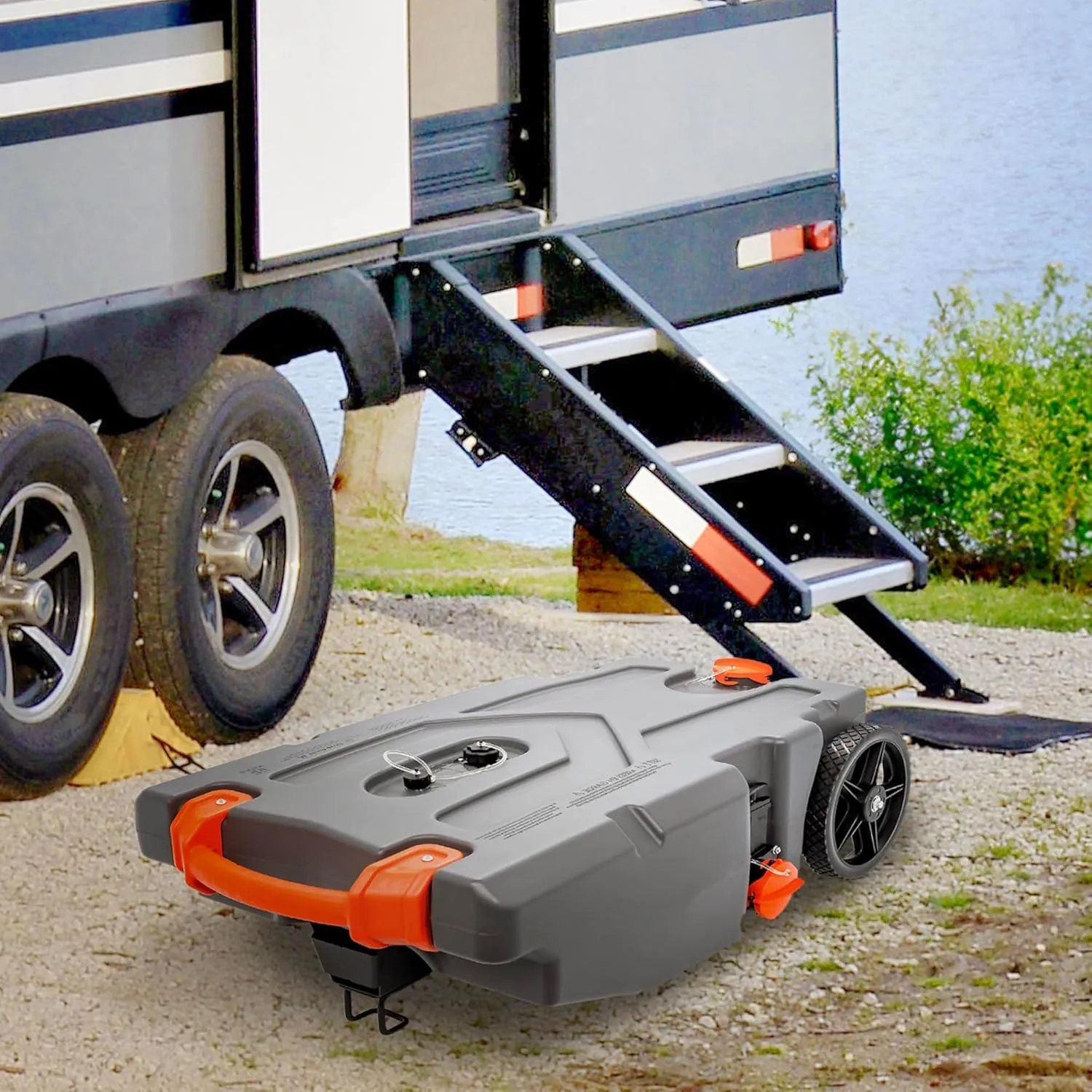 Camco Rhino 36-Gallon Camper/RV Tote Tank - Features Large Heavy-Duty No-Flat Wheels & Built-In Gate Valve - Removable Steel Tow Adapter, 3’ Sewer Hose & More RV Accessories (39006)