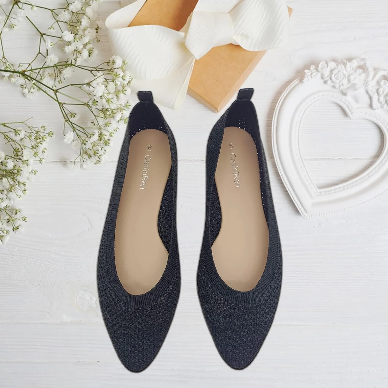 CasfelRen Women's Classic Ballet Flats, Pointed Toe Comfortable Dress Shoes Flats, Soft Knit Slip On Flats Shoes for Women
