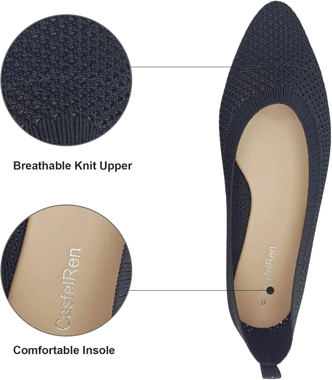 CasfelRen Women's Classic Ballet Flats, Pointed Toe Comfortable Dress Shoes Flats, Soft Knit Slip On Flats Shoes for Women
