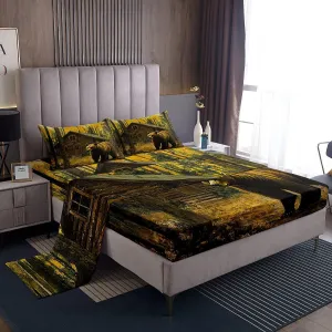 Castle Fairy 3D Brown Bear Bed Sheets King Size,Jungle Cabin Wooden Farmhouse Bedding Set for Kids Teens Adults,Wild Animals Oil Painting Style Trees Sheet Set with Flat,Fitted Sheet,2 Pillowcases