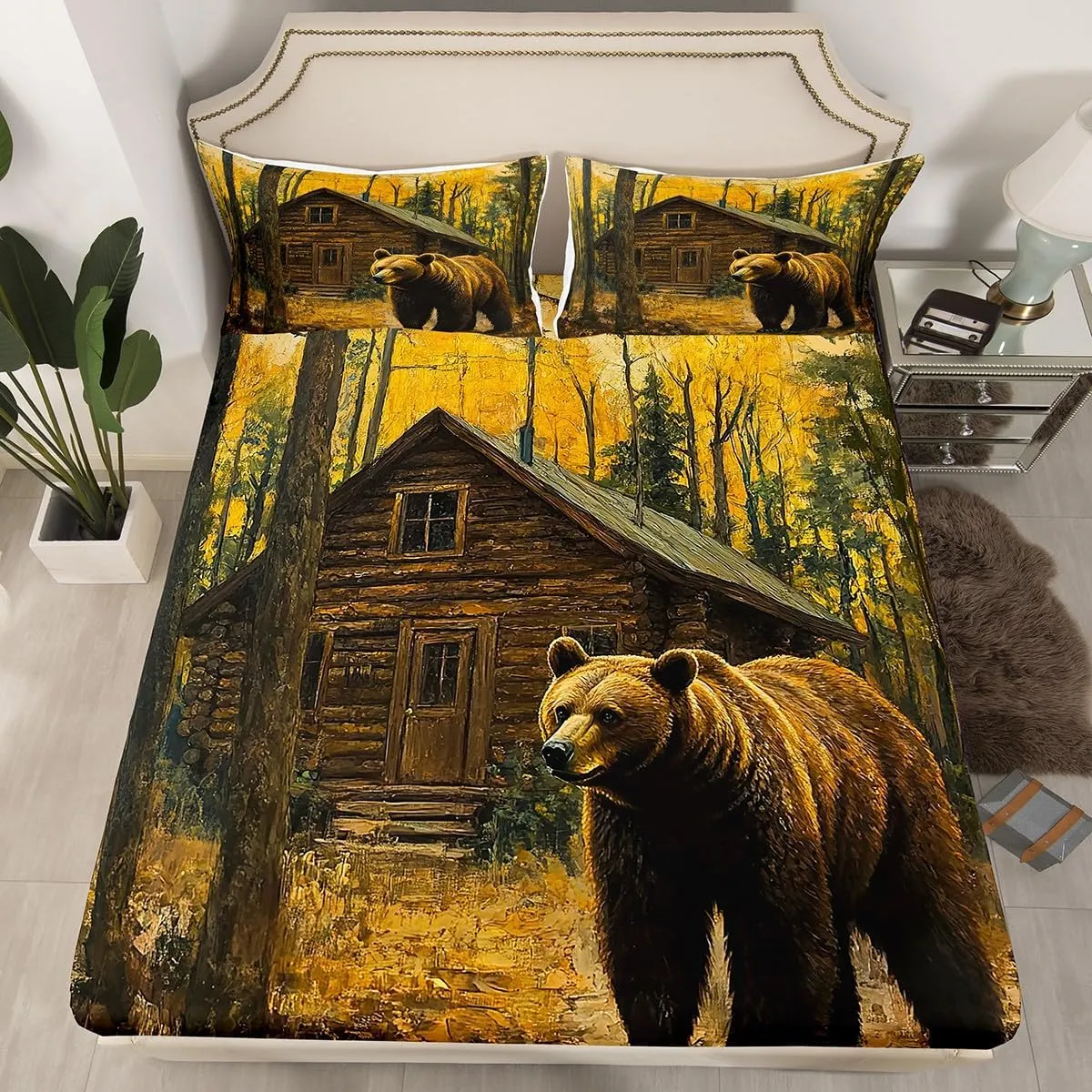 Castle Fairy 3D Brown Bear Bed Sheets King Size,Jungle Cabin Wooden Farmhouse Bedding Set for Kids Teens Adults,Wild Animals Oil Painting Style Trees Sheet Set with Flat,Fitted Sheet,2 Pillowcases