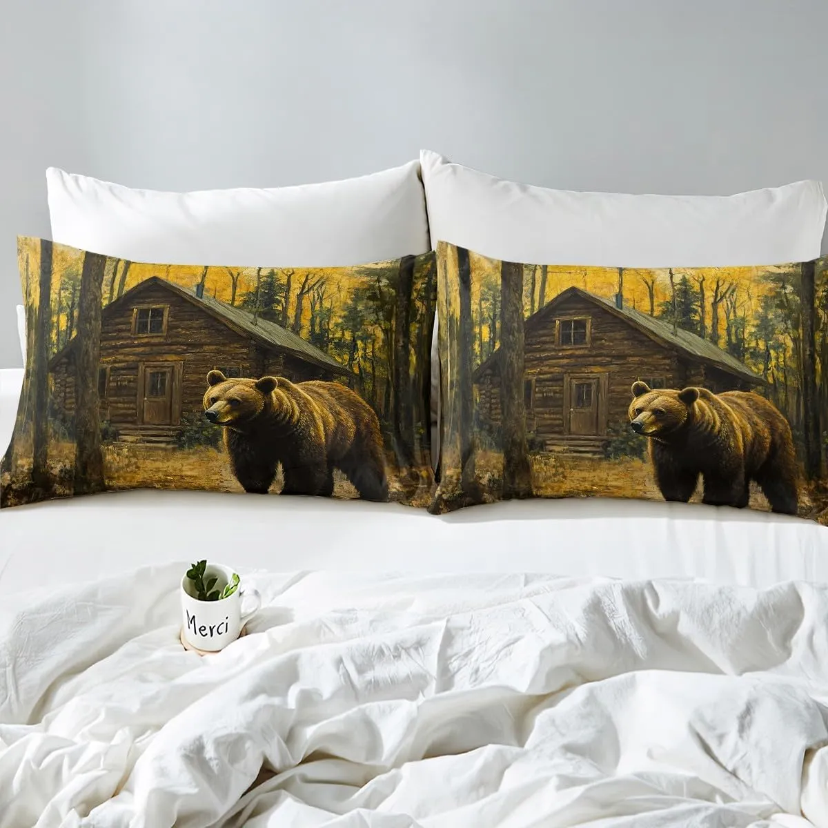 Castle Fairy 3D Brown Bear Bed Sheets King Size,Jungle Cabin Wooden Farmhouse Bedding Set for Kids Teens Adults,Wild Animals Oil Painting Style Trees Sheet Set with Flat,Fitted Sheet,2 Pillowcases