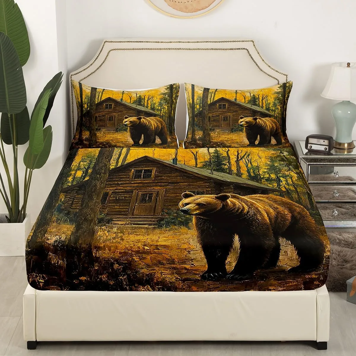 Castle Fairy 3D Brown Bear Bed Sheets King Size,Jungle Cabin Wooden Farmhouse Bedding Set for Kids Teens Adults,Wild Animals Oil Painting Style Trees Sheet Set with Flat,Fitted Sheet,2 Pillowcases