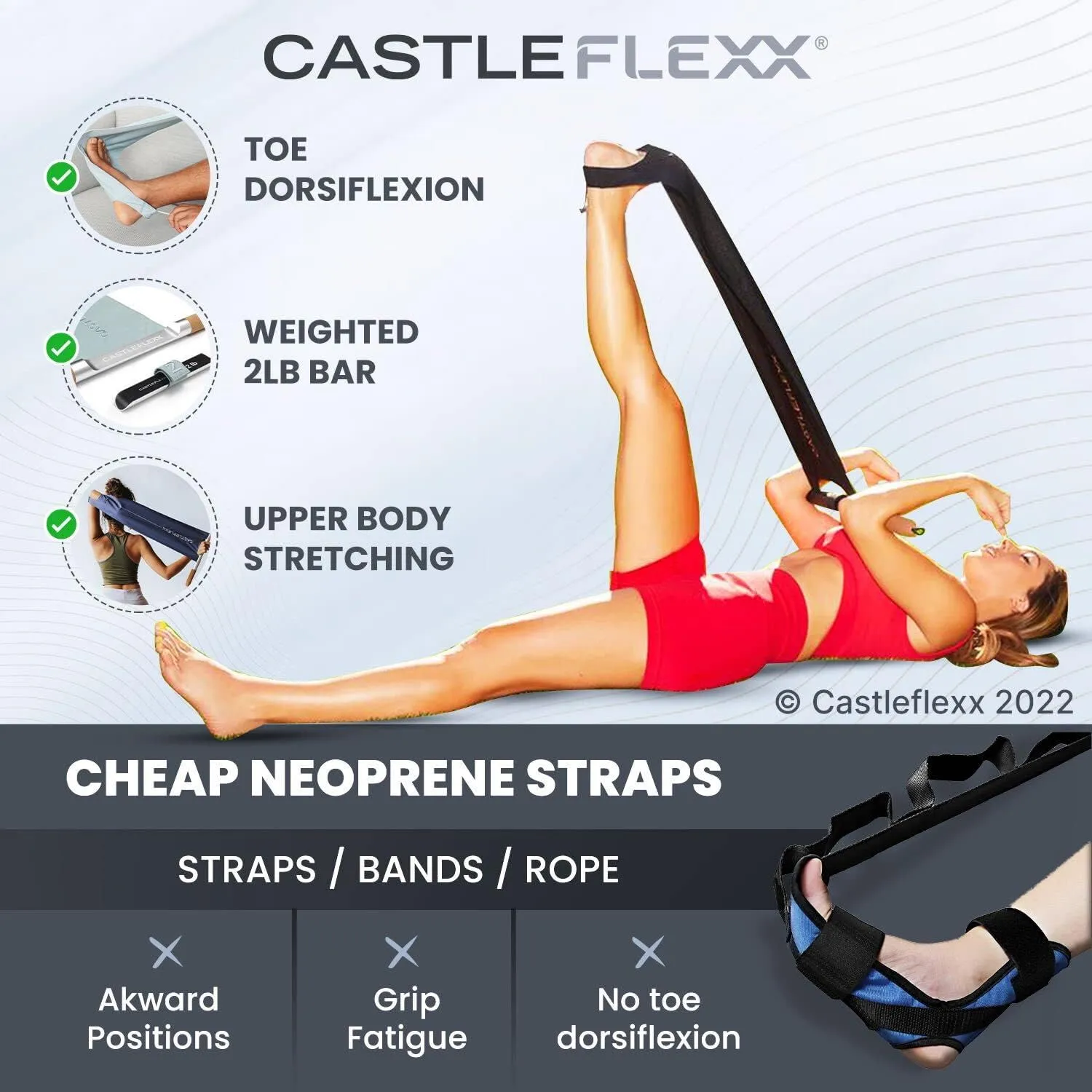 CastleFlexx Mobility and Full Body Strengthening Device | Non-Elastic Stretch Strap with Natural Premium Cork Handles for Stretching, Exercise, Physical Therapy, and Yoga