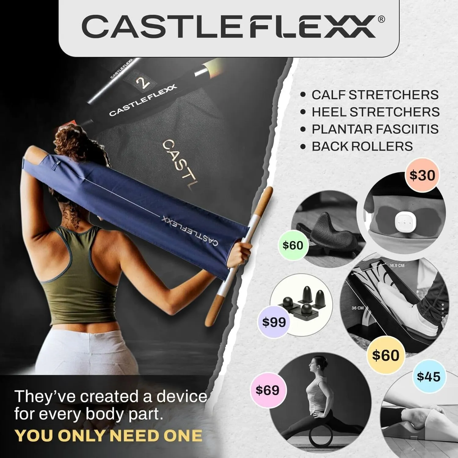 CastleFlexx Mobility and Full Body Strengthening Device | Non-Elastic Stretch Strap with Natural Premium Cork Handles for Stretching, Exercise, Physical Therapy, and Yoga