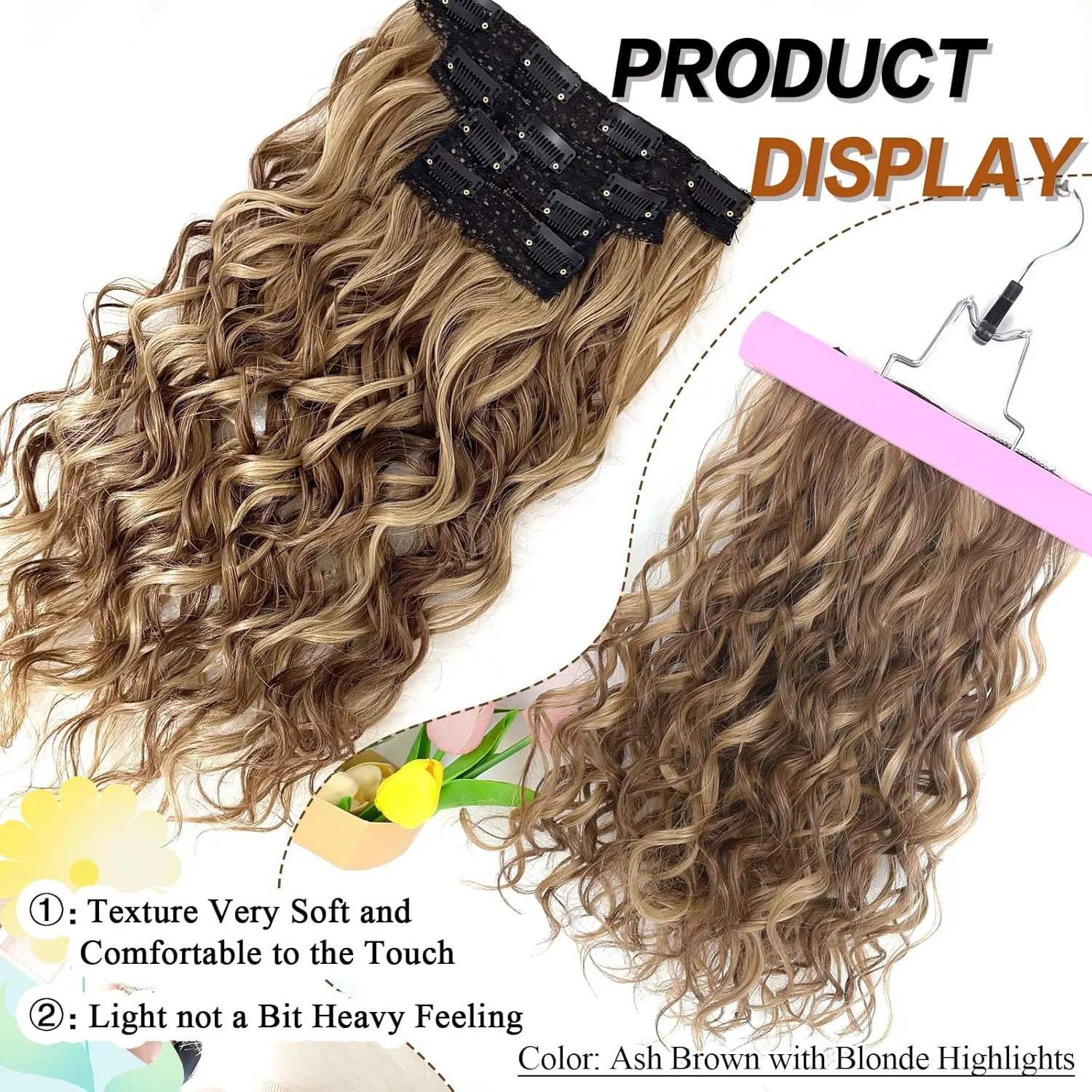 Clip in Hair Extensions,LEOSA 4PCS 16 inch Curly Hair Extensions Short Soft Natural Hairpiece Lace Weft Curly Wave Clip Ins Extensions Invisible for Women,Ash Brown with Blonde Highlights