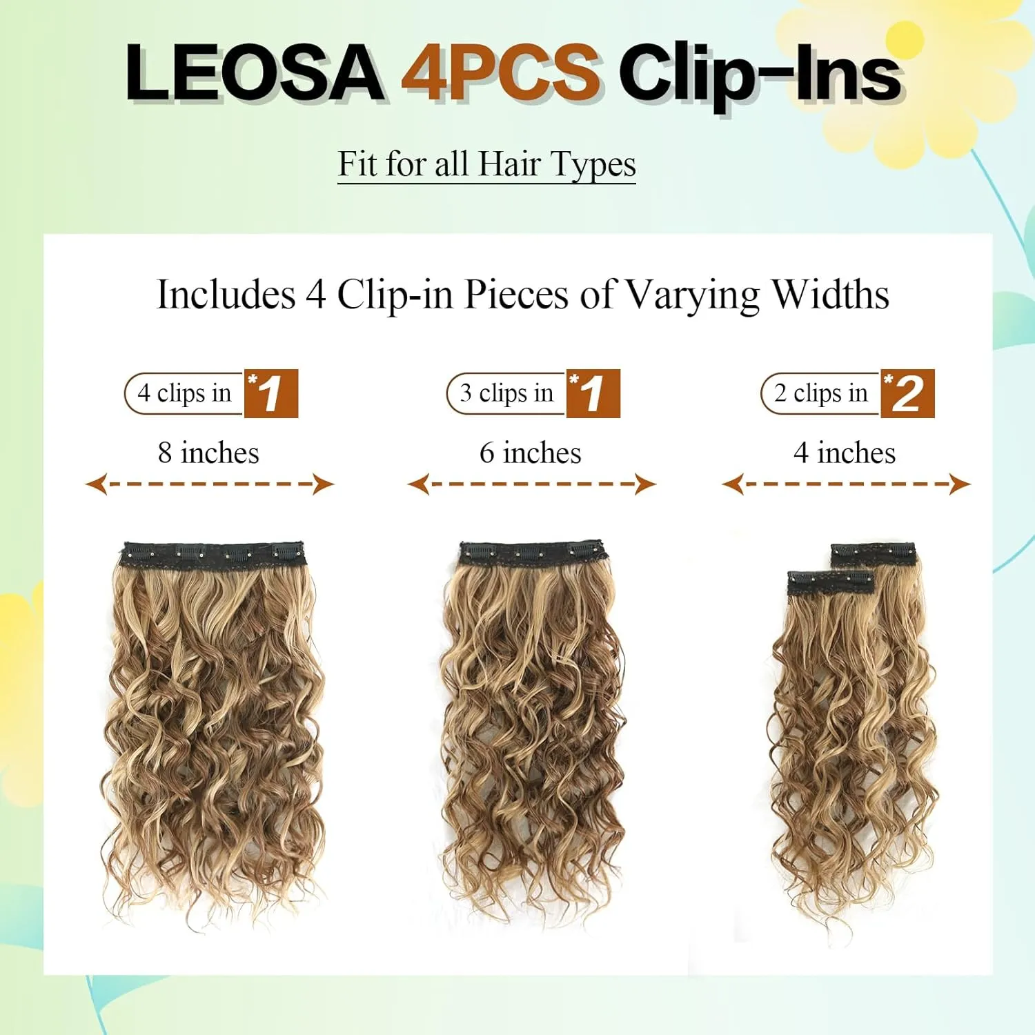 Clip in Hair Extensions,LEOSA 4PCS 16 inch Curly Hair Extensions Short Soft Natural Hairpiece Lace Weft Curly Wave Clip Ins Extensions Invisible for Women,Ash Brown with Blonde Highlights