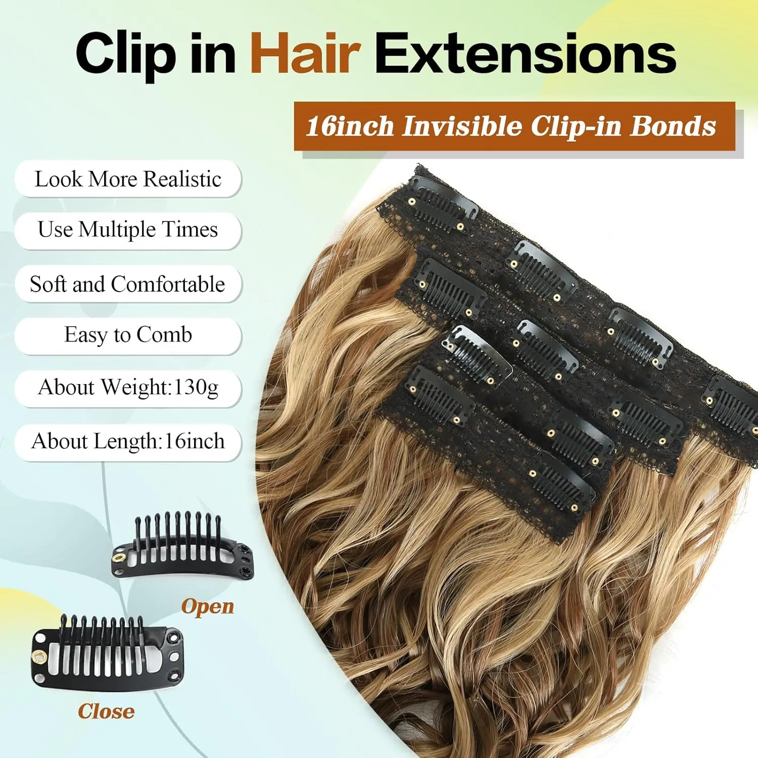 Clip in Hair Extensions,LEOSA 4PCS 16 inch Curly Hair Extensions Short Soft Natural Hairpiece Lace Weft Curly Wave Clip Ins Extensions Invisible for Women,Ash Brown with Blonde Highlights