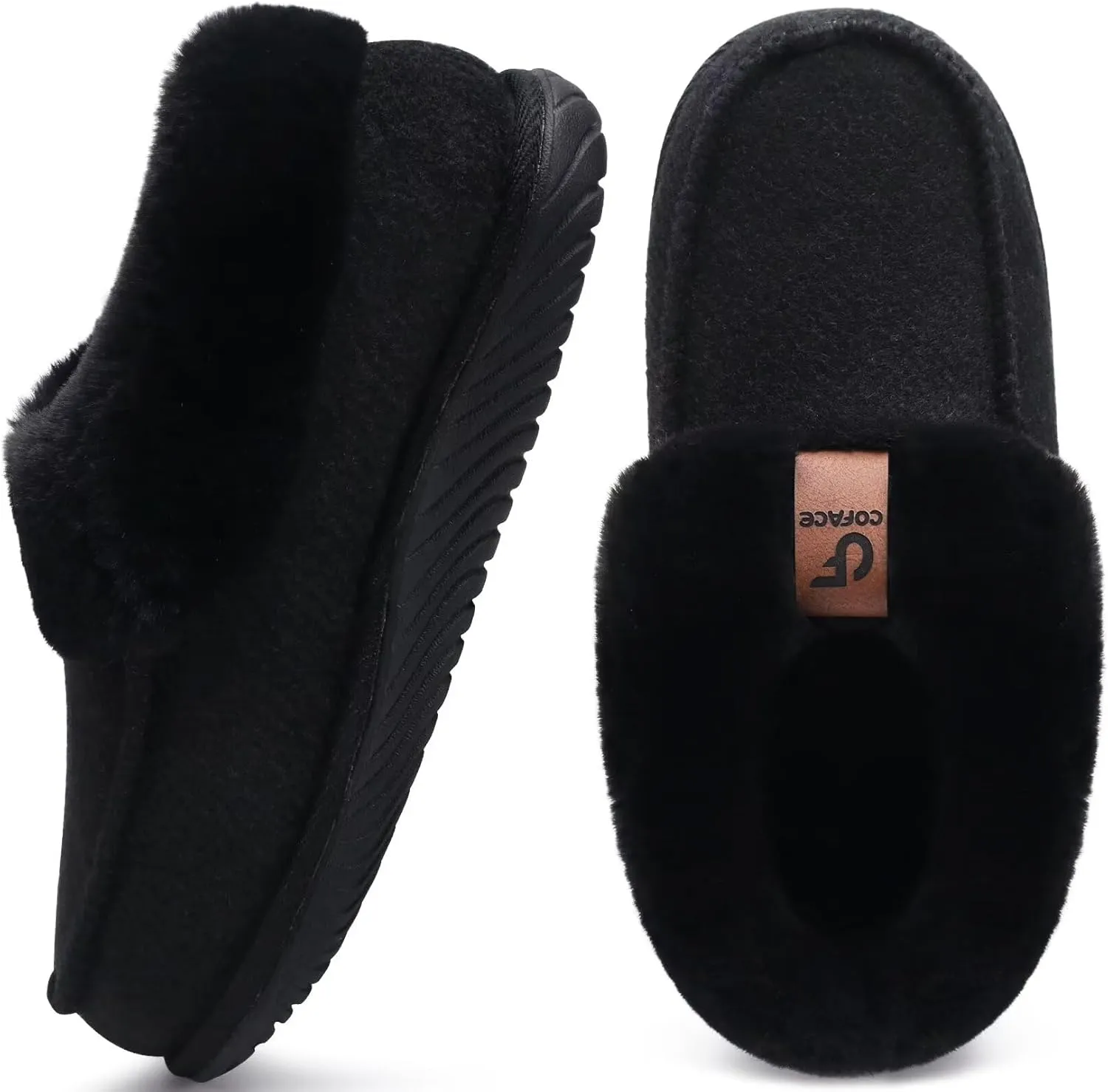 COFACE Women's Arch Support Memory Foam House Slippers Ladies Warm Fuzzy Faux Fur Collar Winter Moccasin Shoes Orthotic Plantar Fasciitis Indoor Outdoor Black Size 8.5