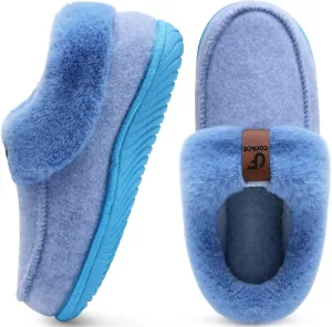 COFACE Women's Arch Support Memory Foam House Slippers Ladies Warm Fuzzy Faux Fur Collar Winter Moccasin Shoes with Orthotic Plantar Fasciitis Indoor Outdoor Hard Rubber Sole Blue Size 8