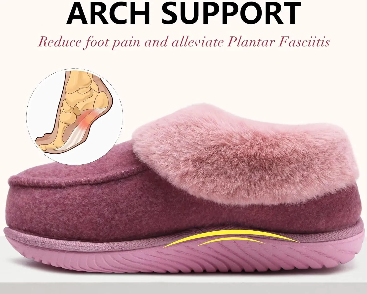 COFACE Women's Memory Foam House Slippers Arch Support Moccasin Winter Shoes Ladies Warm Fuzzy Faux Fur Collar With Indoor Outdoor Rubber Sole