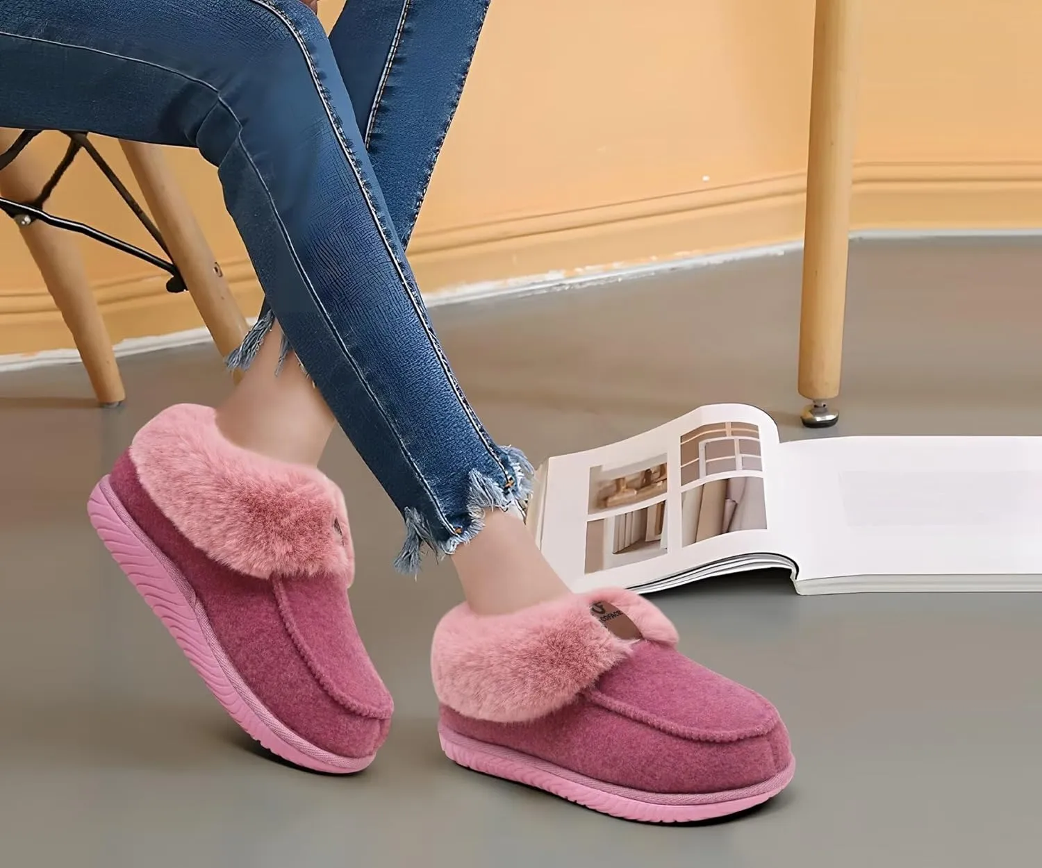 COFACE Women's Memory Foam House Slippers Arch Support Moccasin Winter Shoes Ladies Warm Fuzzy Faux Fur Collar With Indoor Outdoor Rubber Sole