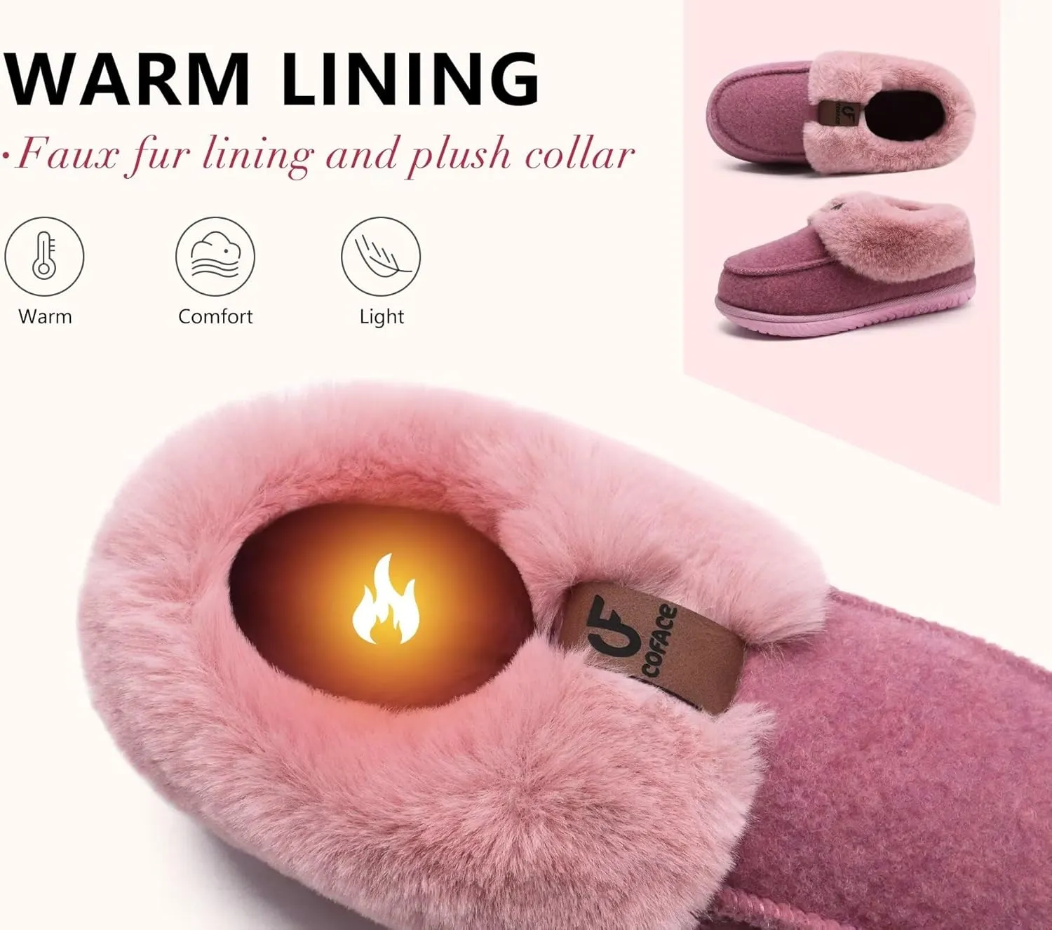 COFACE Women's Memory Foam House Slippers Arch Support Moccasin Winter Shoes Ladies Warm Fuzzy Faux Fur Collar With Indoor Outdoor Rubber Sole