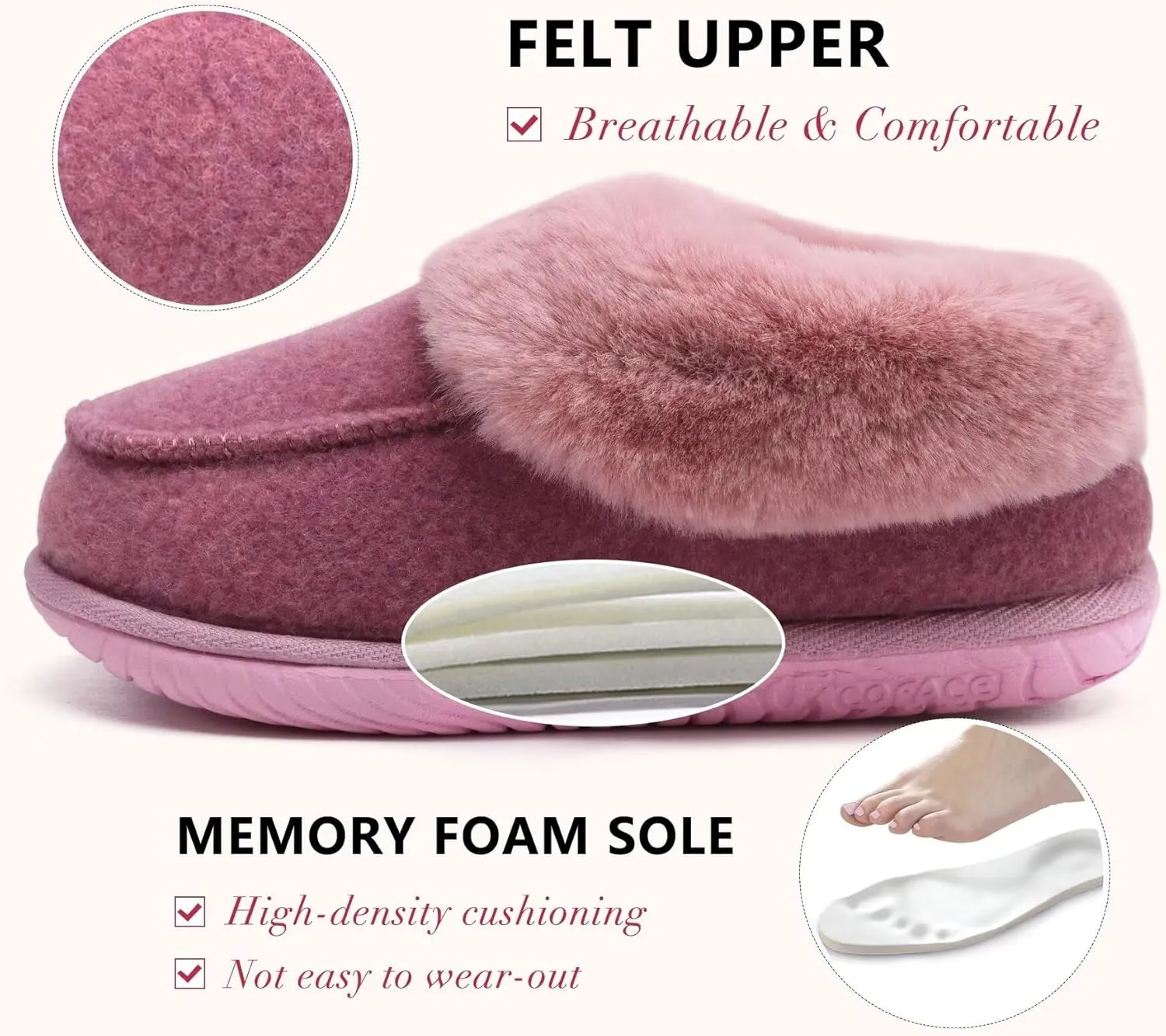 COFACE Women's Memory Foam House Slippers Arch Support Moccasin Winter Shoes Ladies Warm Fuzzy Faux Fur Collar With Indoor Outdoor Rubber Sole