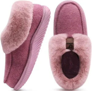 COFACE Women's Memory Foam House Slippers Arch Support Moccasin Winter Shoes Ladies Warm Fuzzy Faux Fur Collar With Indoor Outdoor Rubber Sole