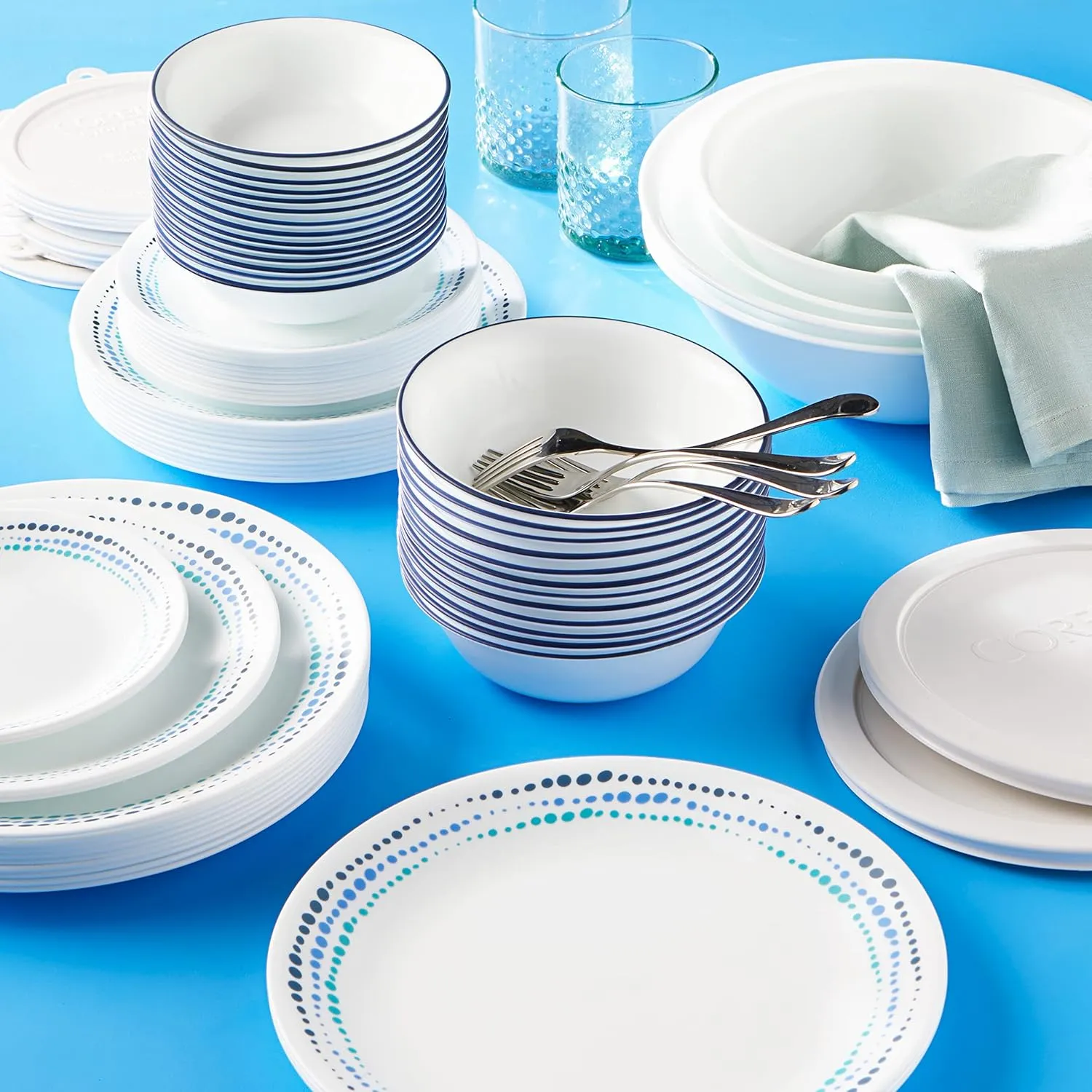 Corelle Dinnerware Set (4pc Set, Ocean Blues)-Set for 4 | Includes 4 x Cereal/Soup Bowls | 80% Recycled Glass | 3 X More Durable, Half the Space & Weight of Traditional Ceramic