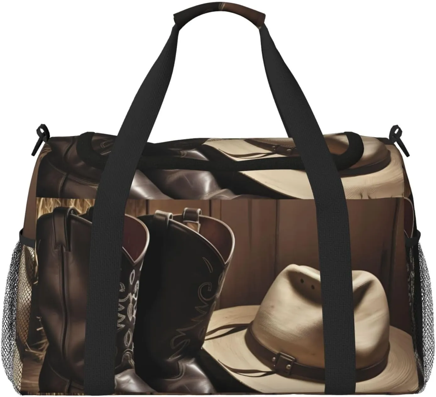 Cowboy Black Hat Western Boots Travel Duffel Bag Lightweight Waterproof Carry On Tote Bag Foldable Weekender Overnight Bags Sport Gym Bag For Women Men