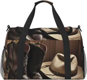 Cowboy Black Hat Western Boots Travel Duffel Bag Lightweight Waterproof Carry On Tote Bag Foldable Weekender Overnight Bags Sport Gym Bag For Women Men