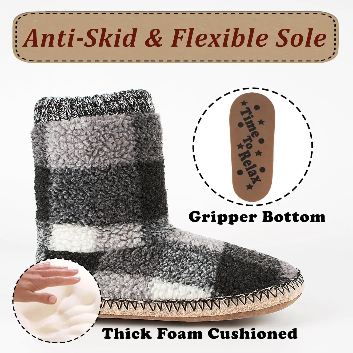 Cozy Boot Slippers for Men Indoor, Fuzzy House Shoes with Non Slip Gripper Soles, Soft Warm Moccasin Socks, Winter Gifts for Christmas Unique