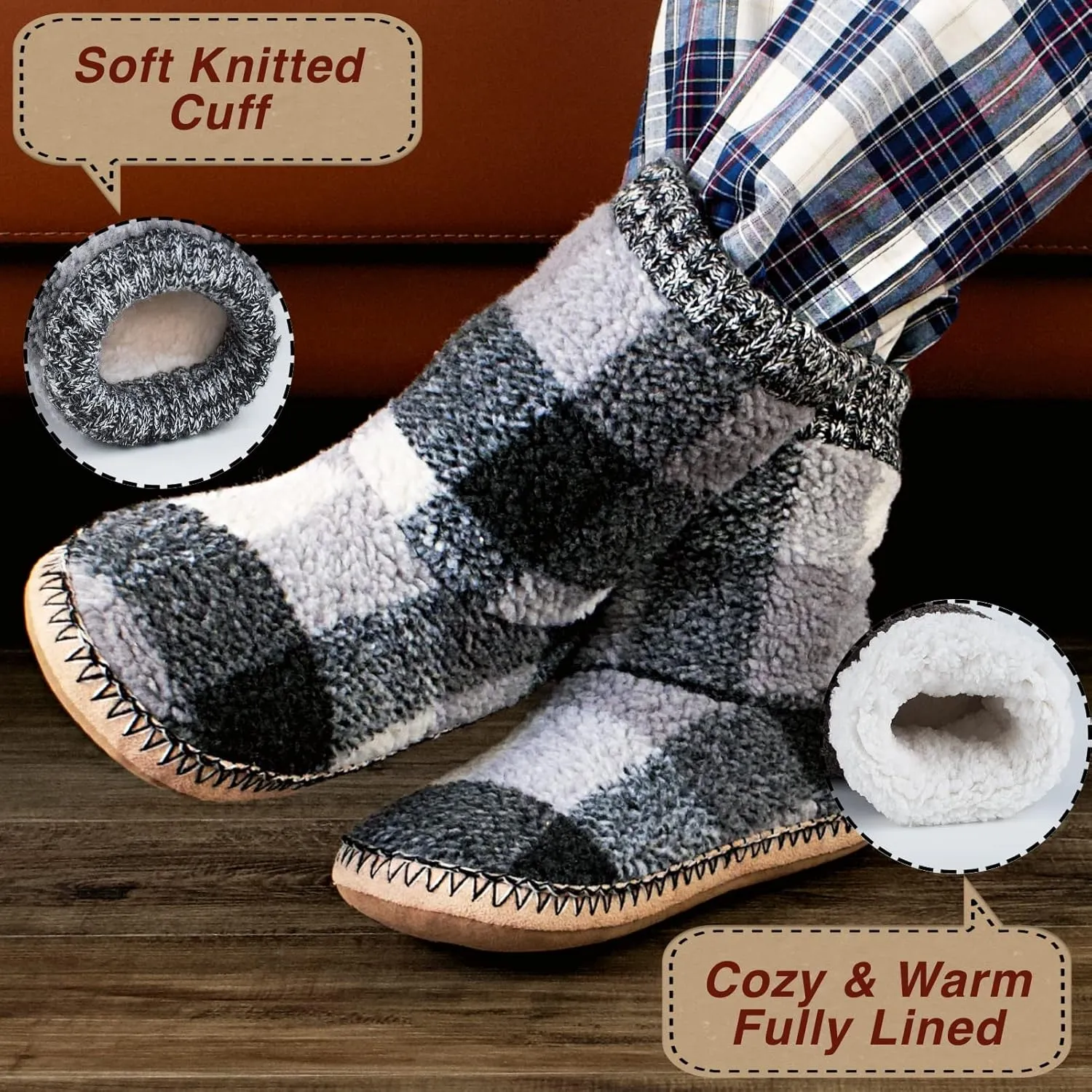Cozy Boot Slippers for Men Indoor, Fuzzy House Shoes with Non Slip Gripper Soles, Soft Warm Moccasin Socks, Winter Gifts for Christmas Unique