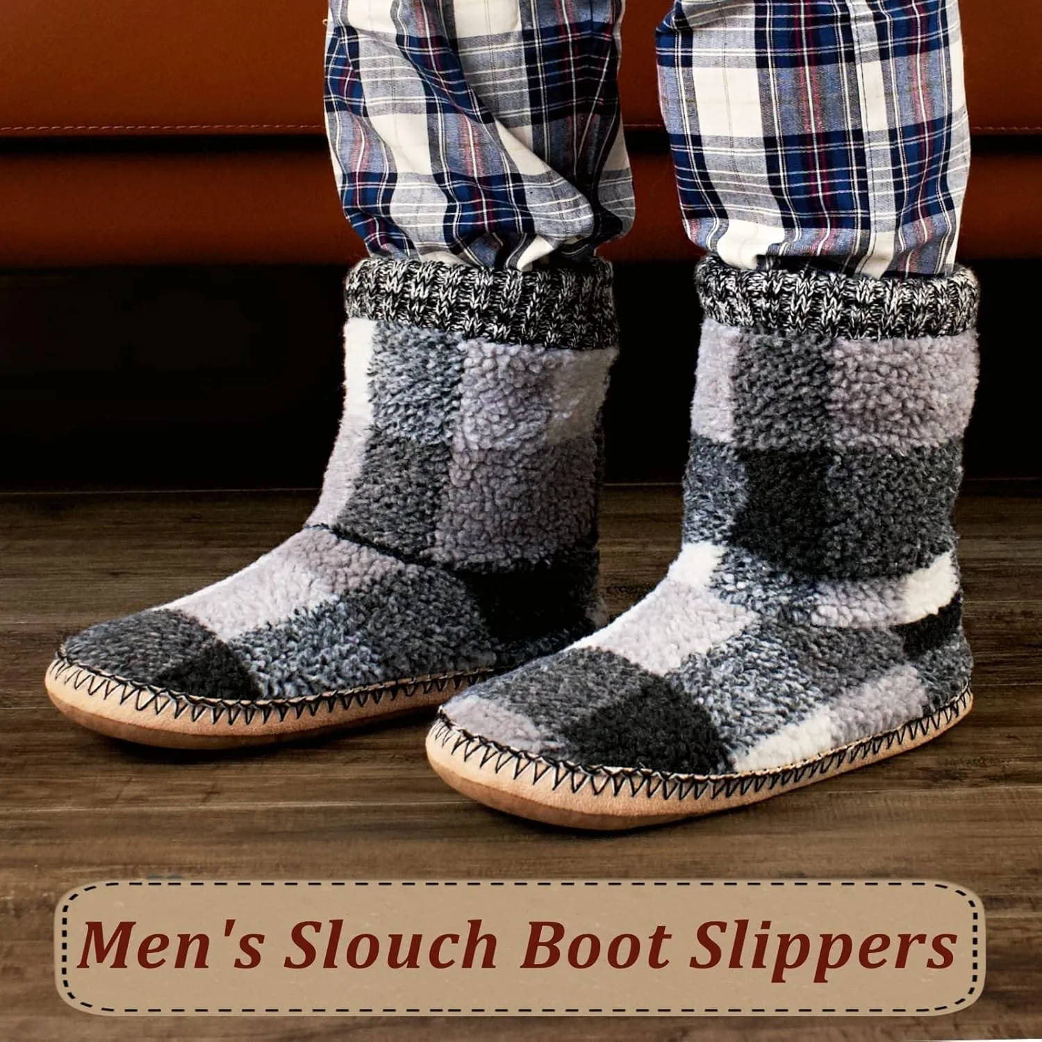 Cozy Boot Slippers for Men Indoor, Fuzzy House Shoes with Non Slip Gripper Soles, Soft Warm Moccasin Socks, Winter Gifts for Christmas Unique