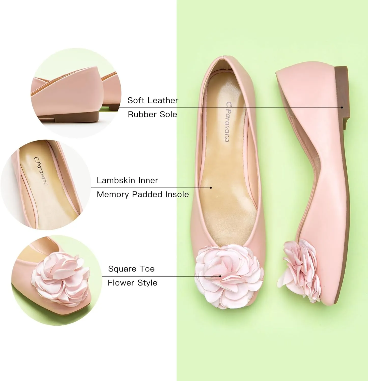 C.Paravano Ballet Flats for Women | Womens Flats Shoes | Square Toe Flats| Women's Flats | Slip On Dress Shoes | Flower Shoes