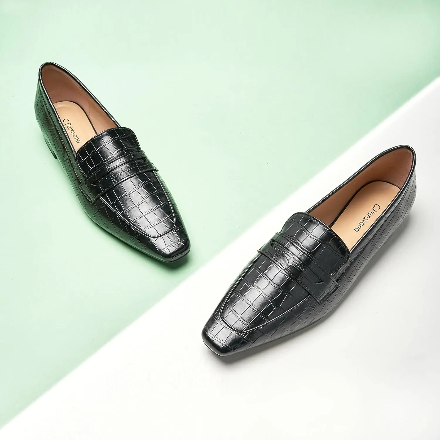 C.Paravano Penny Loafers for Women Formal Dress Square Toe Flats Slip on Loafer Shoes Comfort Loafer for Business Casual Wear