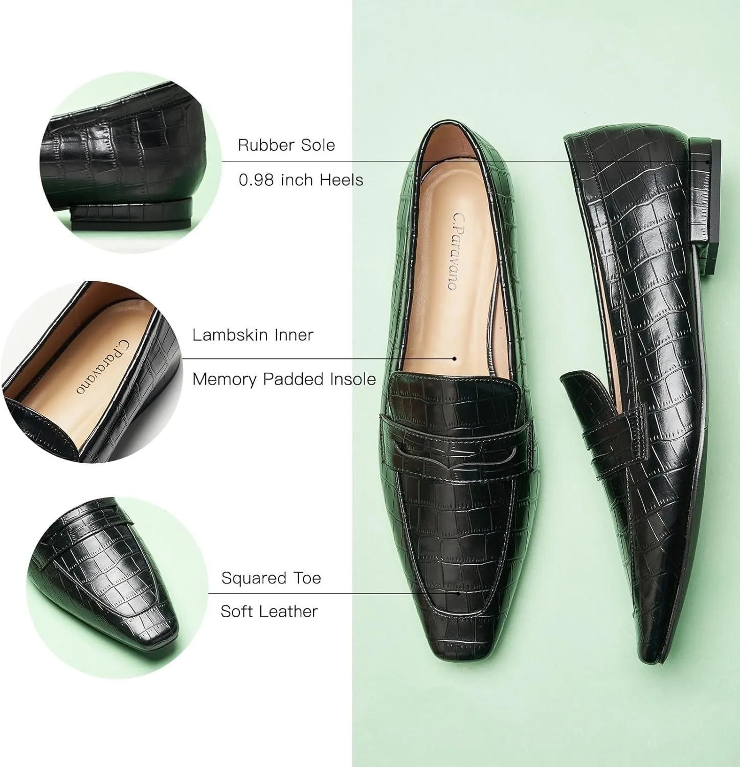 C.Paravano Penny Loafers for Women Formal Dress Square Toe Flats Slip on Loafer Shoes Comfort Loafer for Business Casual Wear