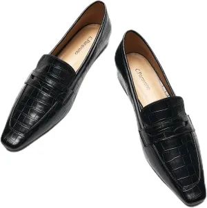 C.Paravano Penny Loafers for Women Formal Dress Square Toe Flats Slip on Loafer Shoes Comfort Loafer for Business Casual Wear