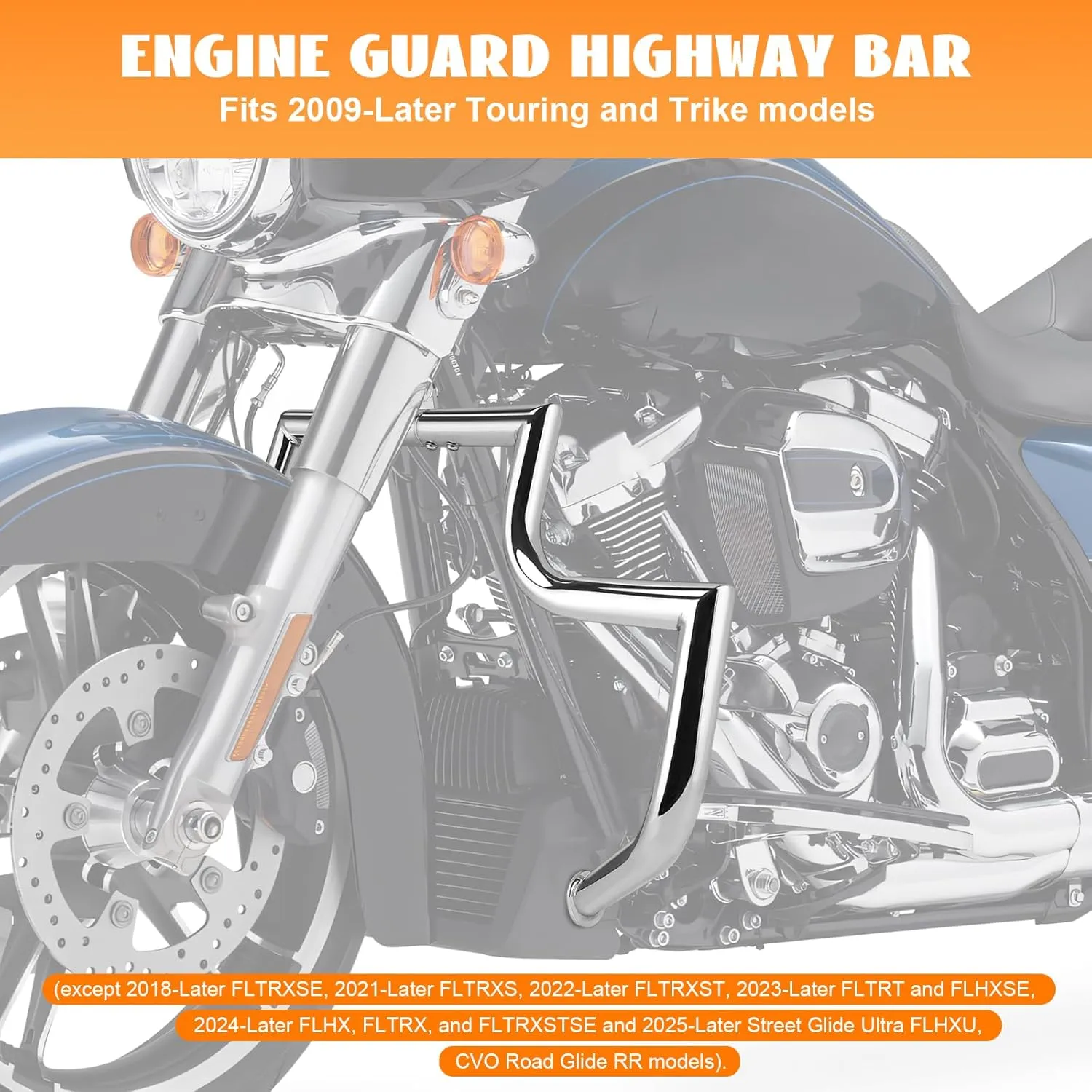 Crash Bar Engine Guard Front Highway Flat-Out Bars Chrome Fits 2009-2025 Harley Touring CVO Road Glide FLTR Road King FLHR Street Glide FLHX Electra Glide Ultra Classic Freewheeler Trike Models