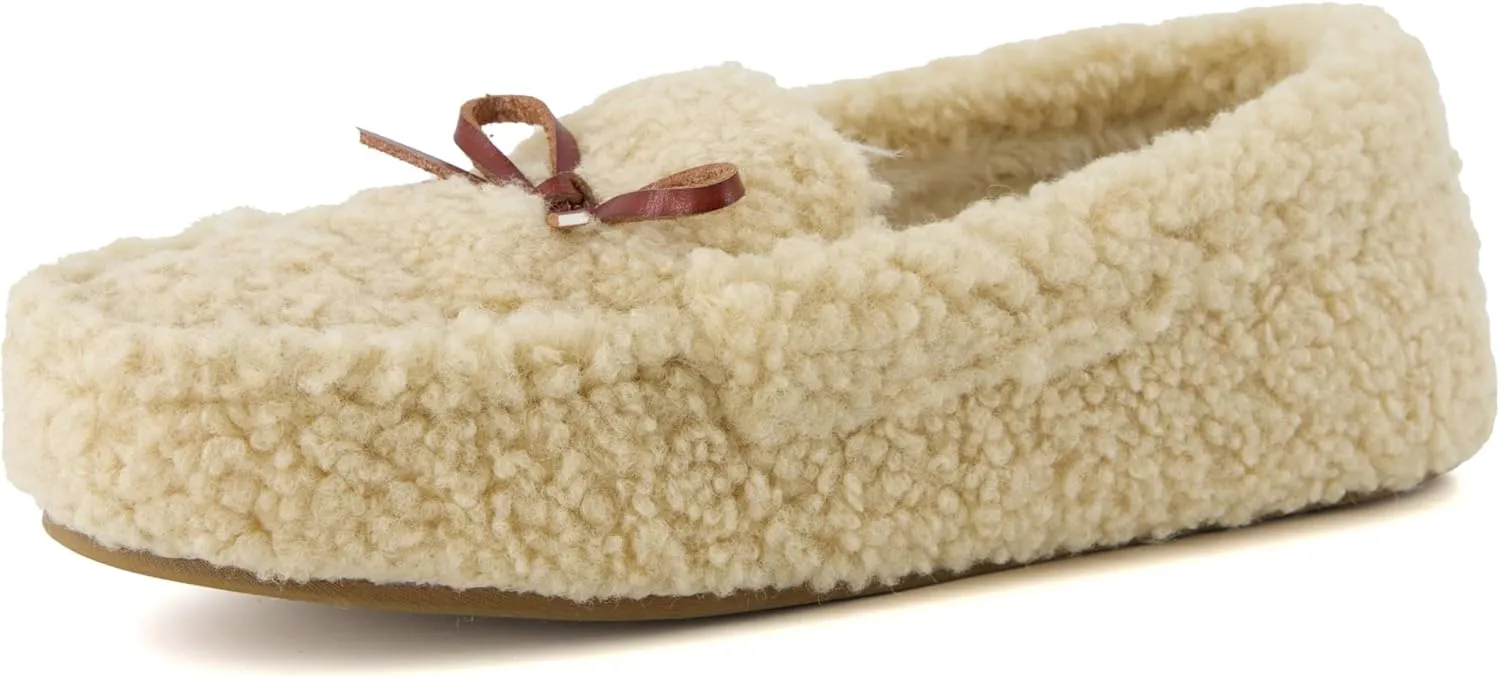 CUSHIONAIRE Star Women’s Faux Sherpa Moccasin Slippers – Cozy Indoor/Outdoor Slip-On with Memory Foam & Durable Rubber Sole, Wide Widths Available