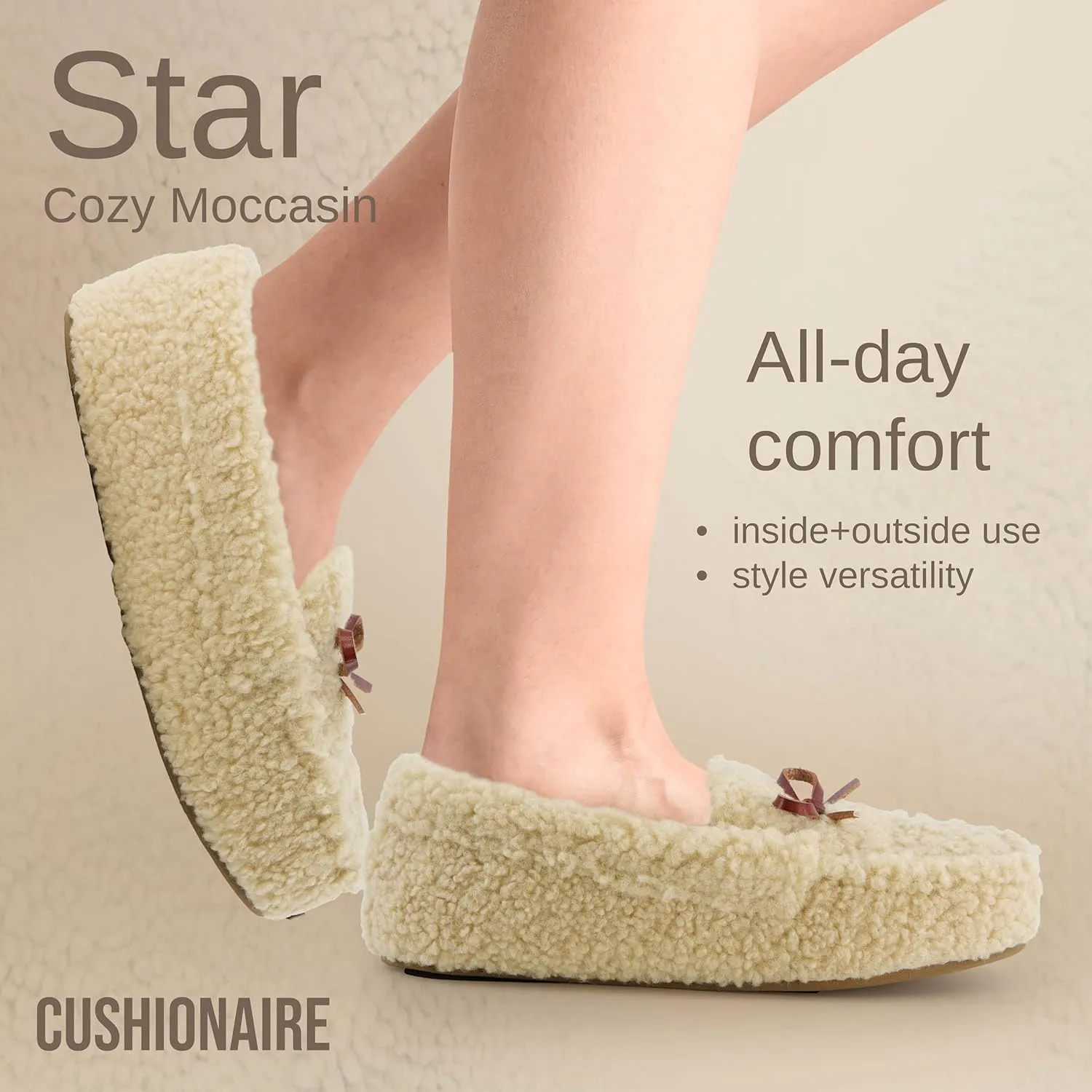 CUSHIONAIRE Star Women’s Faux Sherpa Moccasin Slippers – Cozy Indoor/Outdoor Slip-On with Memory Foam & Durable Rubber Sole, Wide Widths Available