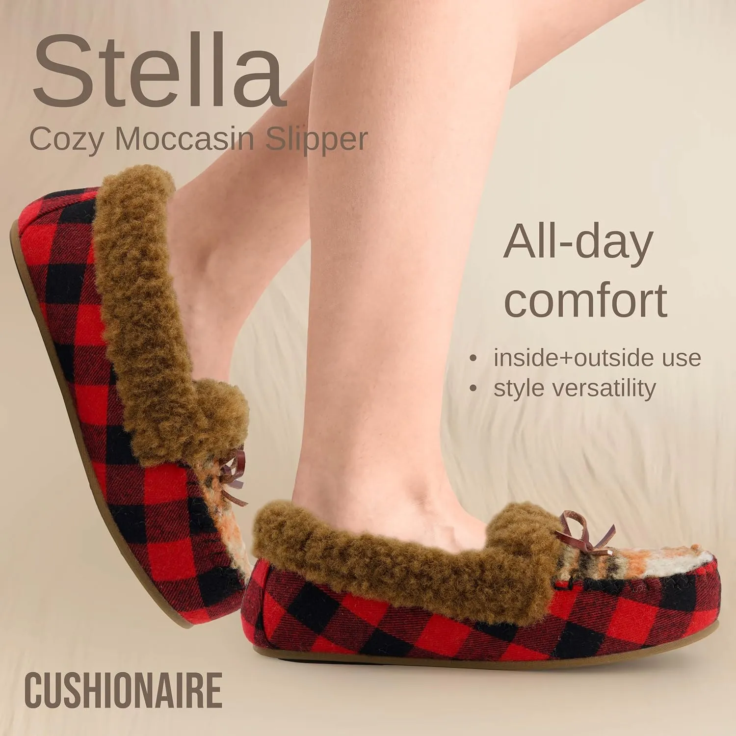 CUSHIONAIRE Stella Women's Moccasin Slippers – Faux Fur Lining, Memory Foam & Wide Widths Available