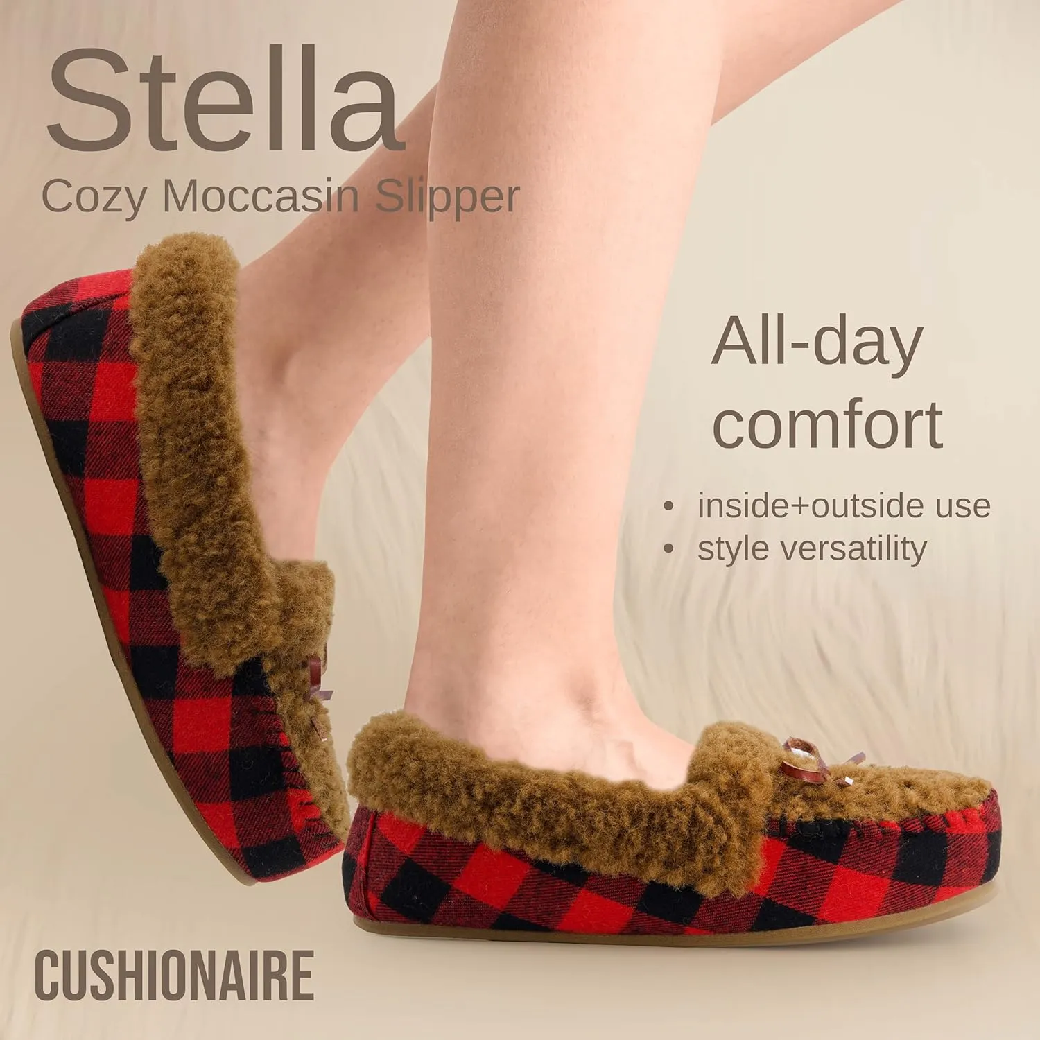 CUSHIONAIRE Stella Women's Moccasin Slippers – Faux Fur Lining, Memory Foam & Wide Widths Available