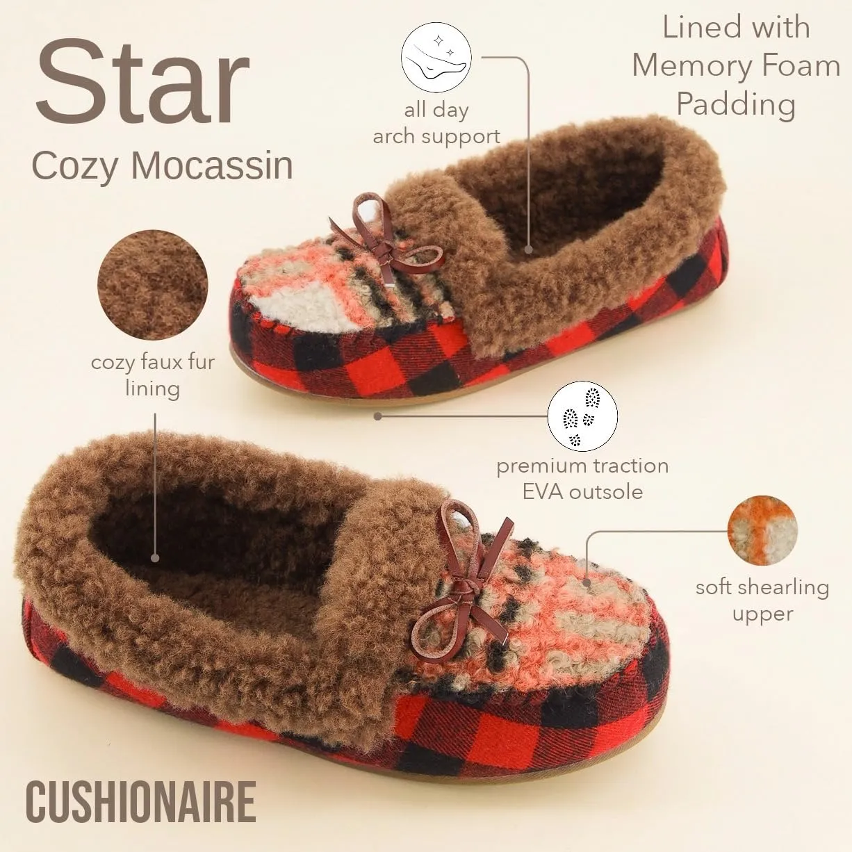 CUSHIONAIRE Stella Women's Moccasin Slippers – Faux Fur Lining, Memory Foam & Wide Widths Available
