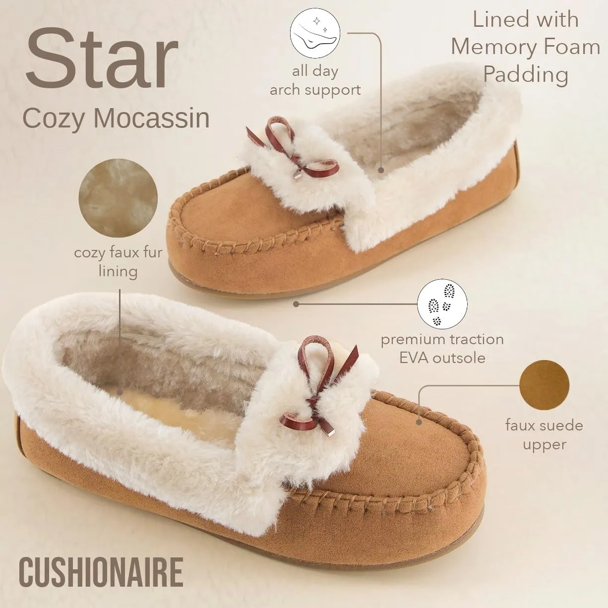 CUSHIONAIRE Stella Women's Moccasin Slippers – Faux Fur Lining, Memory Foam & Wide Widths Available