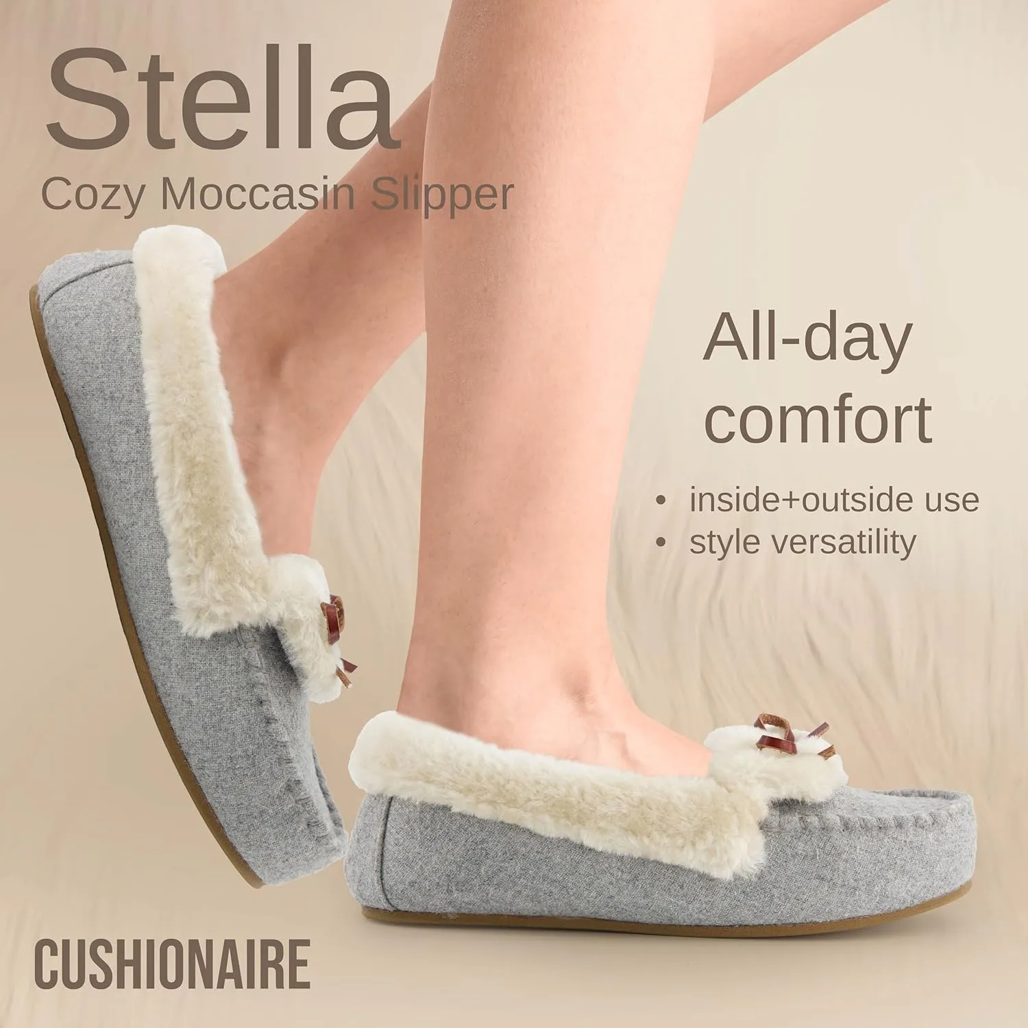 CUSHIONAIRE Stella Women's Moccasin Slippers – Faux Fur Lining, Memory Foam & Wide Widths Available