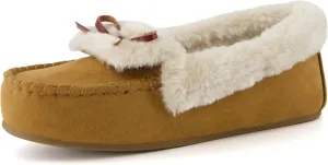 CUSHIONAIRE Stella Women's Moccasin Slippers – Faux Fur Lining, Memory Foam & Wide Widths Available