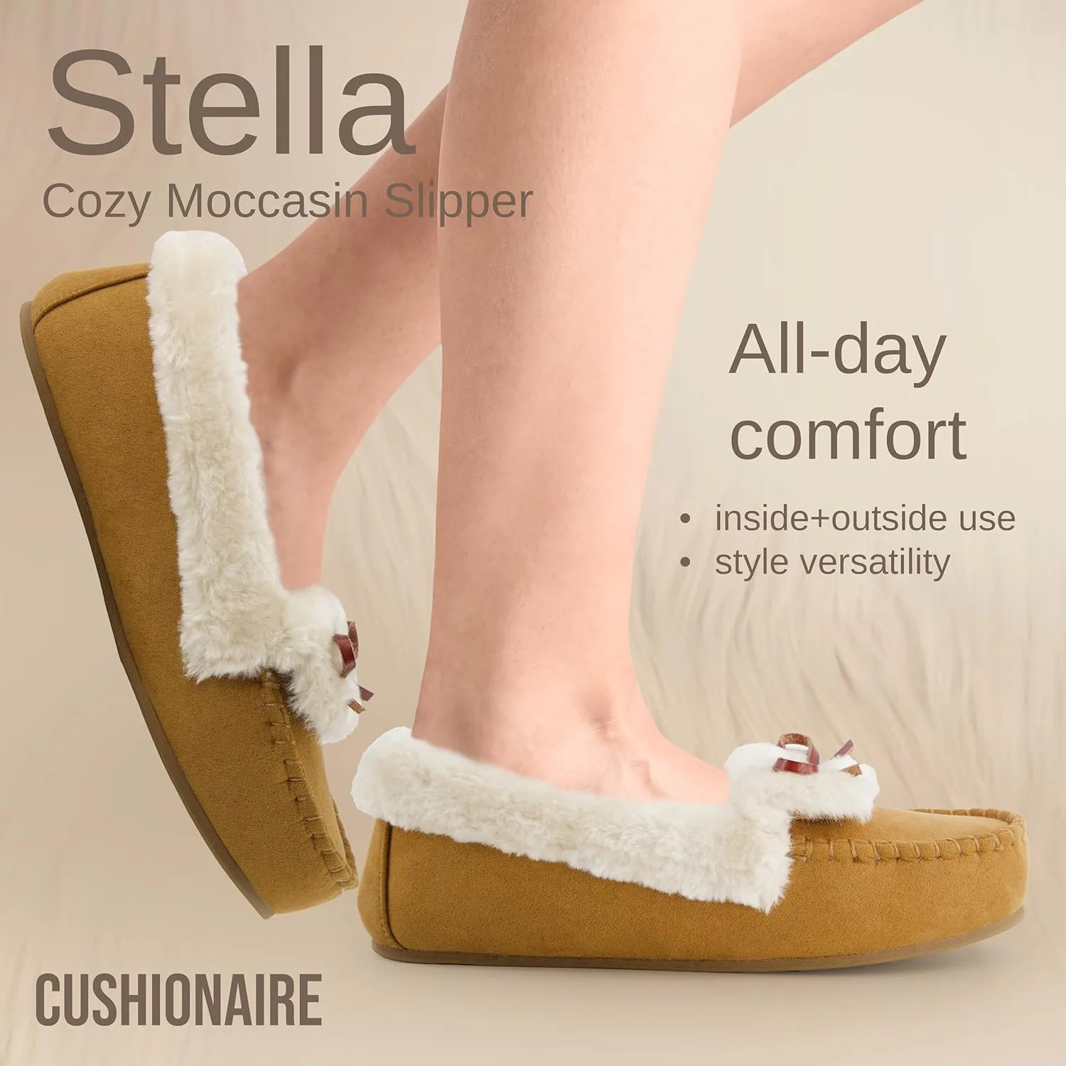 CUSHIONAIRE Stella Women's Moccasin Slippers – Faux Fur Lining, Memory Foam & Wide Widths Available