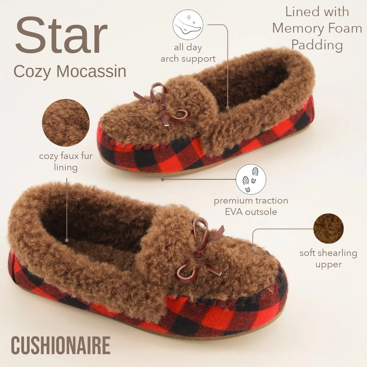 CUSHIONAIRE Stella Women's Moccasin Slippers – Faux Fur Lining, Memory Foam & Wide Widths Available