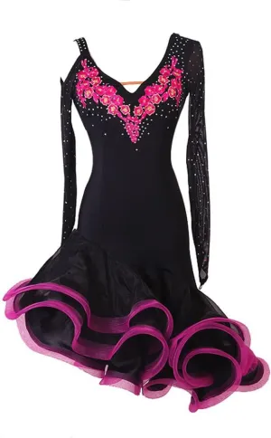 Customized Latin Dance Costume Female Professional Performance Competition Dress Double Sleeves Cha Cha Samba Denim