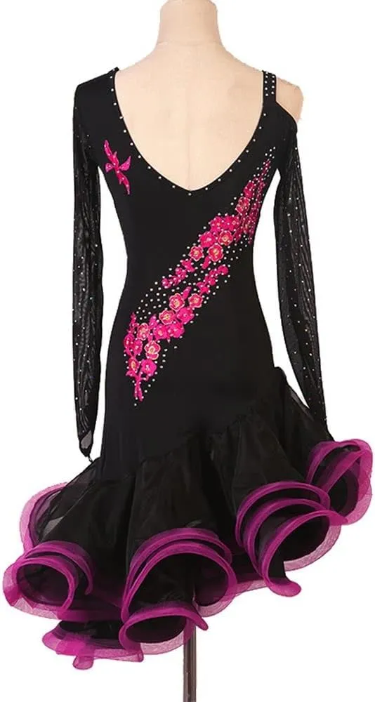 Customized Latin Dance Costume Female Professional Performance Competition Dress Double Sleeves Cha Cha Samba Denim