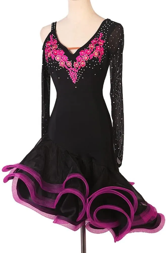 Customized Latin Dance Costume Female Professional Performance Competition Dress Double Sleeves Cha Cha Samba Denim