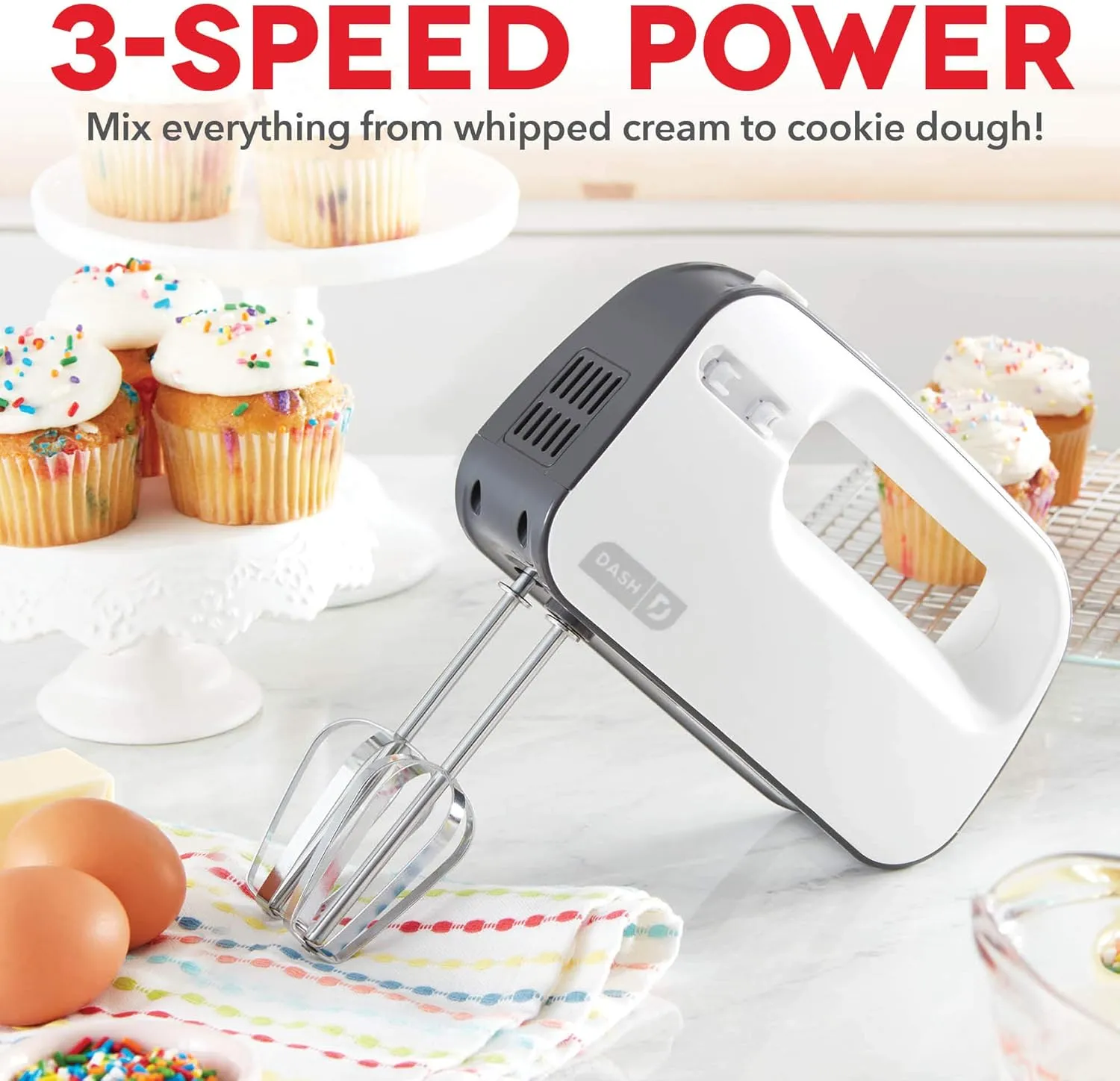 Dash SmartStore™ Deluxe Compact Electric Hand Mixer   Whisk and Milkshake Attachment for Whipping, Mixing Cookies, Brownies, Cakes, Dough, Batters, Meringues & More, 3 Speed, 150-Watt – Grey