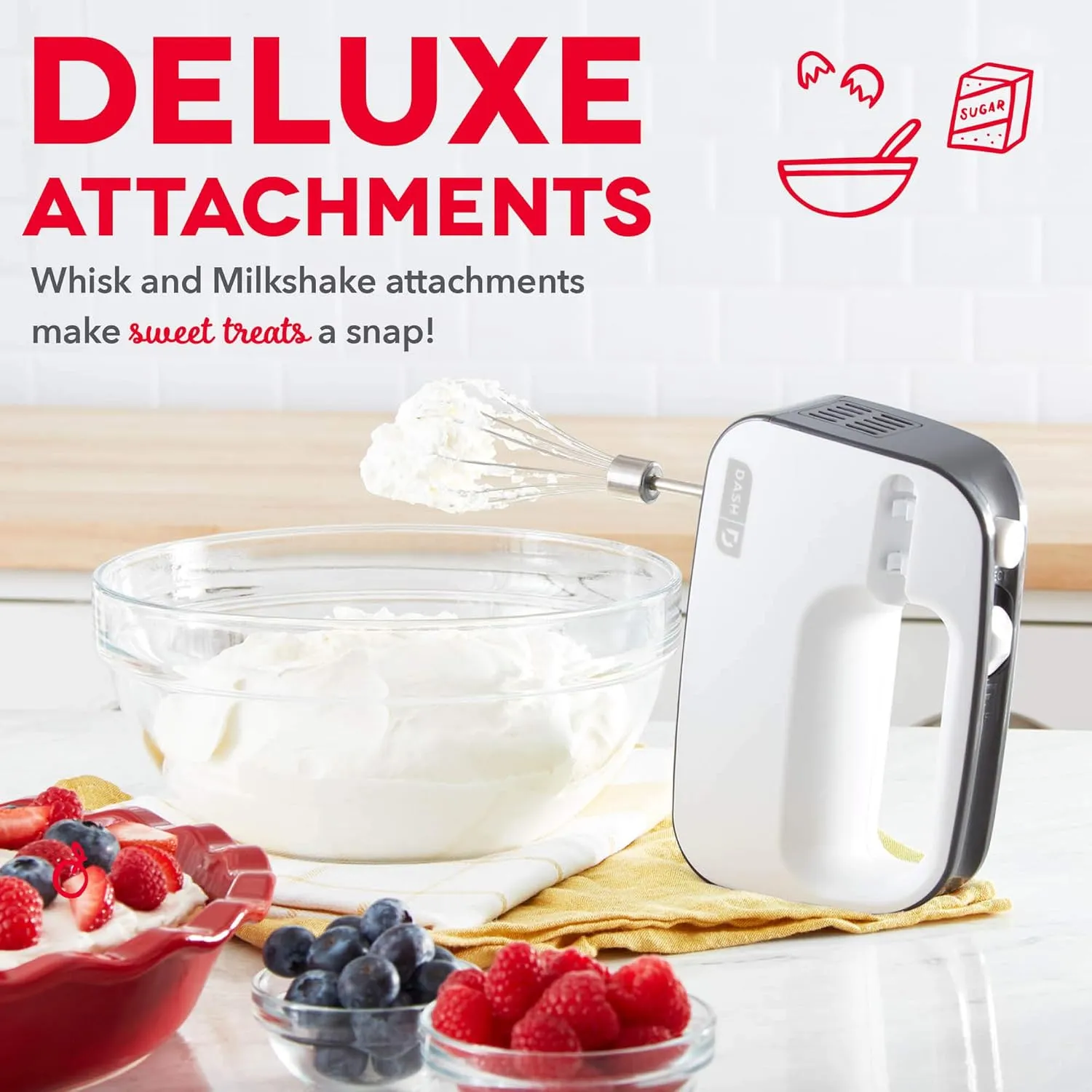 Dash SmartStore™ Deluxe Compact Electric Hand Mixer   Whisk and Milkshake Attachment for Whipping, Mixing Cookies, Brownies, Cakes, Dough, Batters, Meringues & More, 3 Speed, 150-Watt – Grey