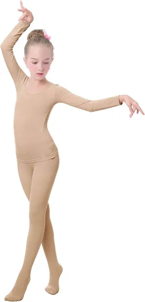 Daydance Nude Kids Girls Base Layers Set Tan Active Undergarments for Dance, Ballet, Gymnastics, Performance in Winter