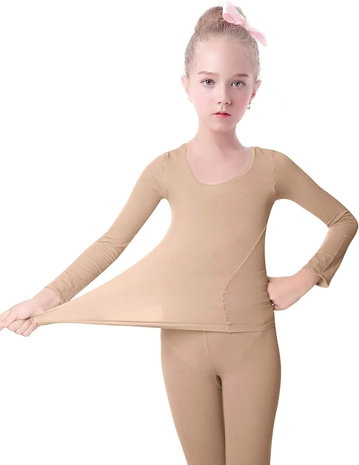 Daydance Nude Kids Girls Base Layers Set Tan Active Undergarments for Dance, Ballet, Gymnastics, Performance in Winter