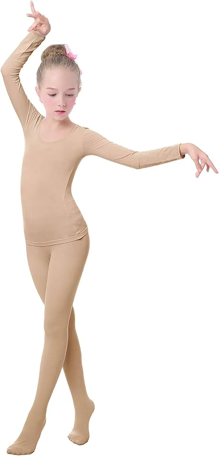 Daydance Nude Kids Girls Base Layers Set Tan Active Undergarments for Dance, Ballet, Gymnastics, Performance in Winter