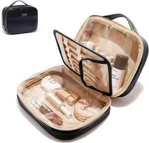 Double Sided Travel Makeup Bag, Large Capacity Cosmetic Bag, Portable Waterproof PU Leather with Brush Compartments, Easy Access, Black Makeup Organizer Bag