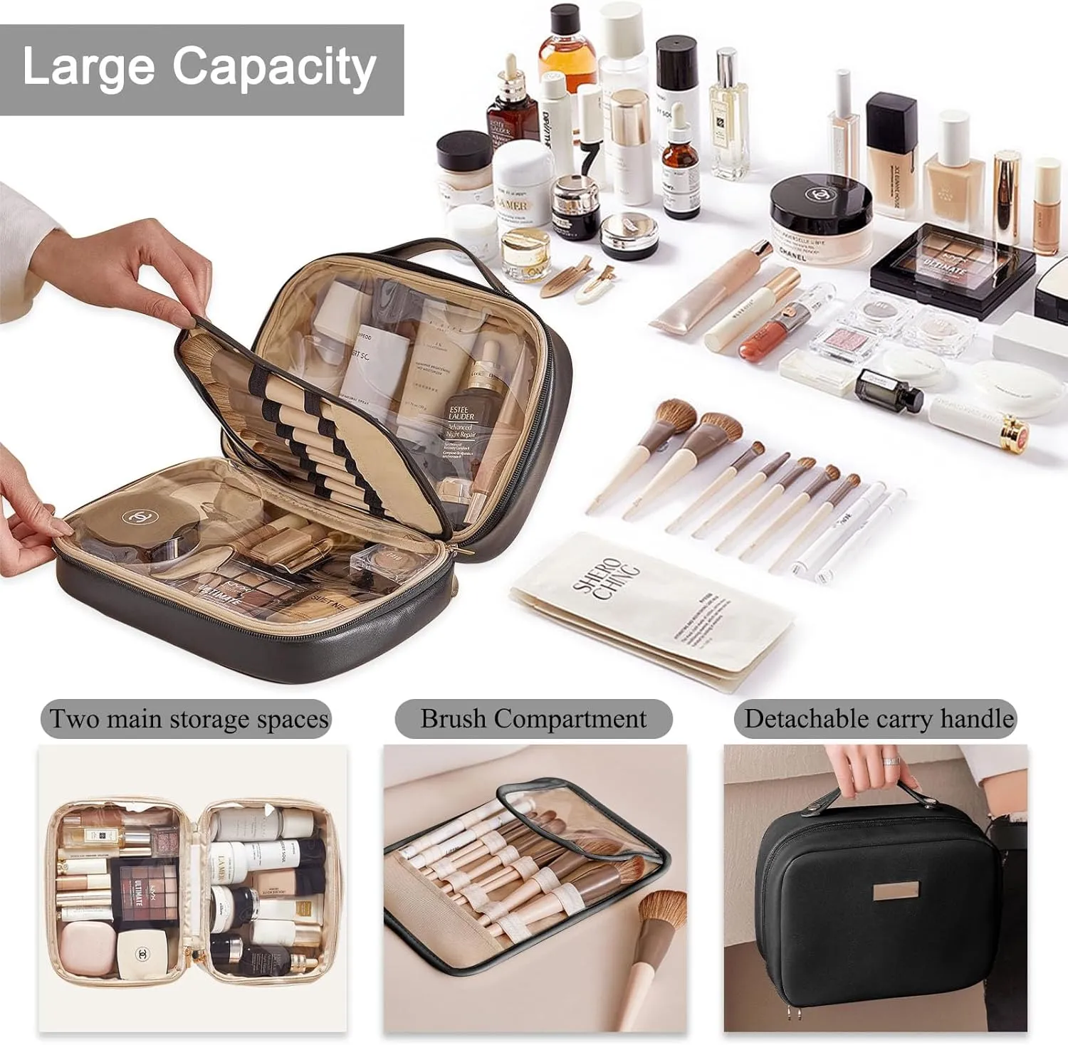 Double Sided Travel Makeup Bag, Large Capacity Cosmetic Bag, Portable Waterproof PU Leather with Brush Compartments, Easy Access, Black Makeup Organizer Bag
